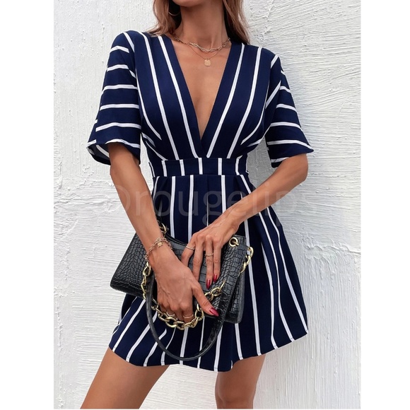 Striped White on Navy Blue Plunging V-Neck Mini Dress Batwing Sleeve - Picture 4 of 10